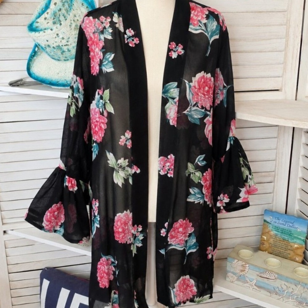 Black Sheer Kimono with Pink Flowers Size 8 (Fits up to Large comfortably)